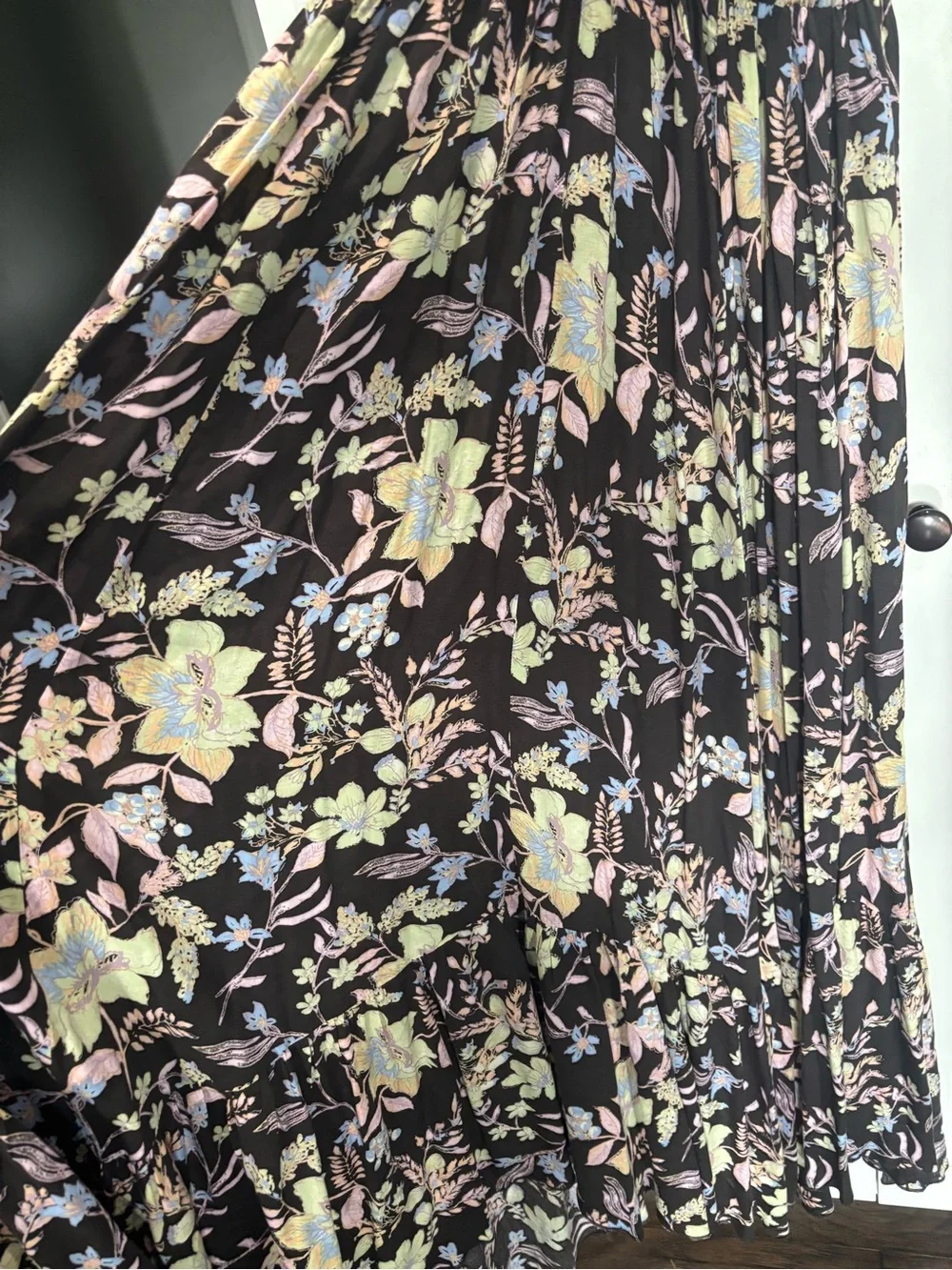 Free People Black Free Flowing Maxi Dress with Ruched Top- Pastel Floral Pattern